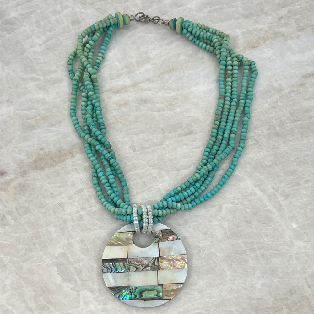 Abalone Shell Mosaic Turquoise Color Seed Beads Pendant Necklace